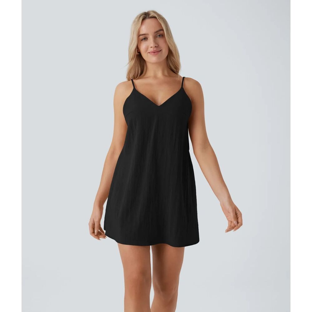 HALARA V Neck Tie Pocket Mini Dress XS Linen Feel Built In Bra Feminine